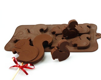 4+1 Squirrel Woodland Animal -  Novelty Chocolate Silicone Mould Candy Lolly Cake Topper Silicon Mold - resin / craft / wax / soap