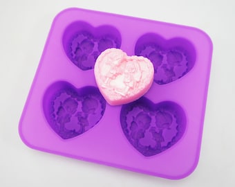 4 cell Hearts / Fairies (Elves) Silicone Mould Soap Massage Bar Craft Mold (Makes approx 85g bars) - Melt and Pour / Cold Process