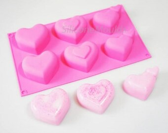 6 cell VALENTINE HEARTS Silicone Mould Soap / Massage Bar Craft Mold (Makes approx 85 - 120g bars) - Melt and Pour Cold Process Cake Baking