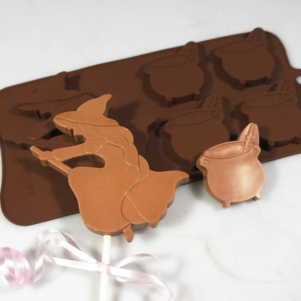 4+1 Witch Cauldron Broomstick Halloween Novelty Chocolate Silicone Mould Candy Lolly Cake Topper Silicon Mold - resin / craft / wax / soap