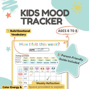 Op de afbeelding: Een printbare stemmingstracker voor kinderen met een kleurrijk ontwerp. De tracker bevat een wekelijkse reflectie-sectie, een woordenlijst met gevoelens en een ruimte om energie- en slaapsterren in te kleuren. De tekst op de tracker zegt "Kids Mood Tracker", "Build Emotional Vocabulary", "Ages 6 to 8", "How I felt this week?", "Name: ", "Parent-Friendly Guide Included", "Color Energy & Sleep Stars! Creative & Fun!", "Weekly Reflection", "Space provided to explain their feelings and track energy & sleep", "Why?", "Energy", "Sleep", "2 Printable Designs".