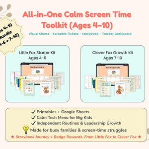 May include: An infographic for an "All-in-One Calm Screen Time Toolkit" for children aged 4-10. The image features two kits: "Little Fox Starter Kit" for ages 4-6 and "Clever Fox Growth Kit" for ages 7-10. The toolkit includes visual charts, earnable tickets, a storybook, and a tracker dashboard.