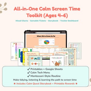 May include: An "All-in-One Calm Screen Time Toolkit" for ages 4-6, with visual charts, earnable tickets, and a tracker dashboard. Includes a Calm Quest Storybook and printable rewards. The toolkit promotes tidying, listening, and learning.