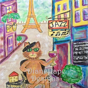 Carte de correspondance vierge 5 x 7 vin félin - impression d'art, Paris, France, Jazz Cat, Tour Eiffel, Café avec terrasse, Chat tigré, Champs Elysées, Jazz Club