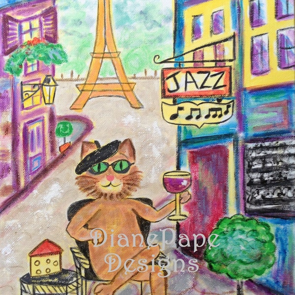Feline Wine 5x7 Blank Note Card - Small Print, Paris, France, Jazz Cat, Eiffel Tower, Sidewalk Cafe, Tabby Cat, Champs Elysees, Jazz Club