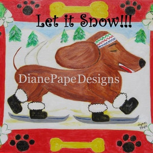 Let it Snow Blank Card - With or W/O &#39;Let it Snow&#39; Phrase, Dachshund, Winter Sport,Snow Boots, Winter or Christmas Card, Ski Lift, Whimsical