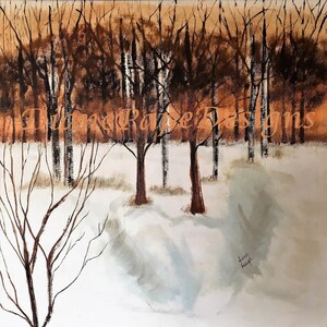 Snowy Woodland Evening Blank Note Card - A2 Size, Golden Woodland Sunset, Cozy Winter Woods, Crisp Winter Air, Snowbanks & Bare Branches