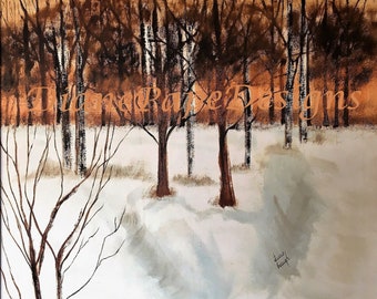 Snowy Woodland Evening Blank Note Card - A2 Size, Golden Woodland Sunset, Cozy Winter Woods, Crisp Winter Air, Snowbanks & Bare Branches