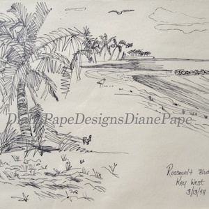 Boulevard Roosevelt. Plage, Key West, Floride signé 5 x 7 Print w/2" Border - Tropical, Seashore, Beach, Palmettos, Palm Tree, Ocean Breezes, Shells