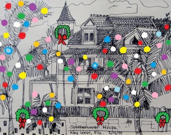 May include: A black and white ink drawing of a house with palm trees and Christmas lights. The house is decorated with wreaths and the text "Southernmost House Key West, Fla. 31/12/19" is written below the house.