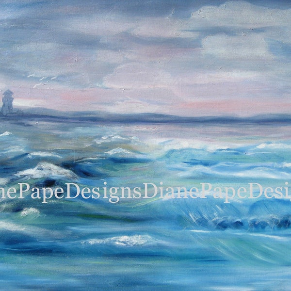 Ocean of Color Blank A2 Note Card - Nautical, Ocean Art, Lighthouse, Turquoise, Pinks, Lavender, Choppy Seas, Ocean Serenity, Whitecaps