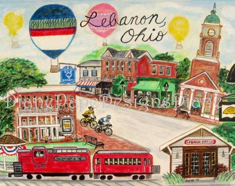 May include: A watercolor painting of a small town called Lebanon, Ohio. The painting features a red train, a clock tower, hot air balloons, and a sign that says "Lebanon Station".