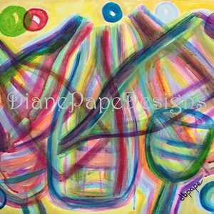 Plaid Wine 5x7 Blank Note Card or Small Print - Contemporary Bar Art, Colorful Jewel Tones, Stained Glass Look, Bottles, Bubbles, Glasses