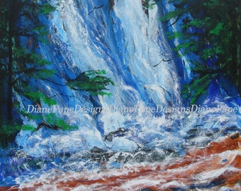 Falls in the Forest Blank Note Card - Nature Lover, Palette Knife Texture, Waterfall, Small Nature Art, Trees, Creek Rapids, Rain Forest