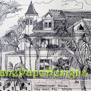 Maison la plus méridionale - Key West, Floride, 5 x 7 cartes de correspondance - gris et noir, impression Key West, Margaritaville, Hemingway, têtes de perroquet, Jimmy Buffett,