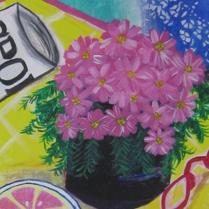 May include: A painting of a still life with a pink flower arrangement in a black pot, a lemon slice, and a red and white striped object. The background is a yellow and blue checkered pattern.