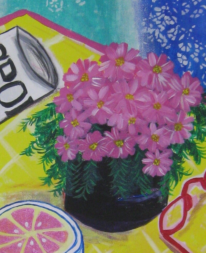 May include: A painting of a still life with a pink flower arrangement in a black pot, a lemon slice, and a red and white striped object. The background is a yellow and blue checkered pattern.