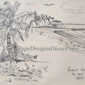Roosevelt Blvd. Beach- Key West, Floride Carte de notes vierge - Petits caractères de plage, Tropical, Seashore, Palmettos, Palmier, Brises océaniques, Coquillages