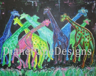 Neon Giraffes (Long Necks) Blank Note Card -Kids Room Art,Jewel Tones, Zoo,Whimsical, Birthday Card,Contemporary,Vibrant Colors,Nursery, Den