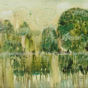 May include: Abstract painting of a forest scene with green, blue, and yellow colors. The painting has a textured, dripping effect. The artist's signature is visible in the bottom right corner.