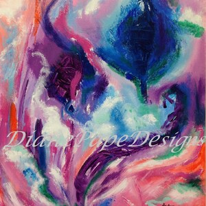 May include: Abstract painting with vibrant colors, including pink, purple, blue, green, and white. The painting features swirling brushstrokes and a sense of movement.
