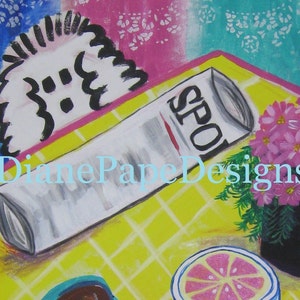 May include: A painting of a still life with a can of 'Spot' soda, a pink grapefruit slice, a small potted plant with pink flowers, and a white fluffy object on a yellow and white checkered background. The text 'Diane Pape Designs' is written in blue across the bottom of the painting.