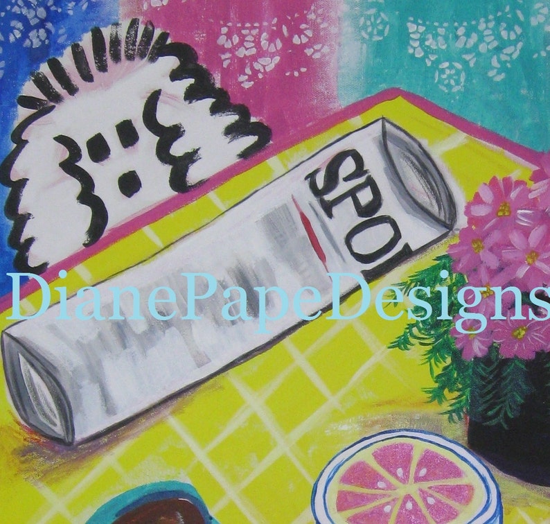 May include: A painting of a still life with a can of 'Spot' soda, a pink grapefruit slice, a small potted plant with pink flowers, and a white fluffy object on a yellow and white checkered background. The text 'Diane Pape Designs' is written in blue across the bottom of the painting.