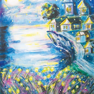 Magical Moonglow Blank Note Card - Moonlight, Fireflies, English or French Village, Seaside Cliffs, Cozy, Whimsical, Ocean, Mystical, Quaint