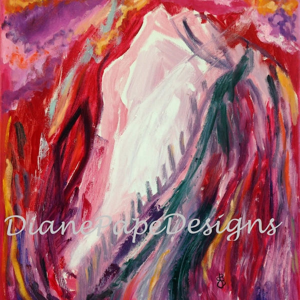 Dancing Under the Moon A2 Blank Note Card-Impressionistic, Contemporary, Lady in Gown, Horse Head, Fish, Fiery Mountaintop, Fantasy, moon
