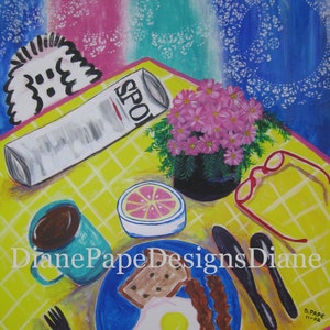 May include: A yellow tablecloth with a blue and white patterned border. A newspaper, a cup of coffee, a plate of food, a glass of orange juice, a vase of pink flowers, and a pair of red glasses are on the table. The text on the newspaper reads "SPO". The text on the tablecloth reads "Diane Pape Designs Diane".