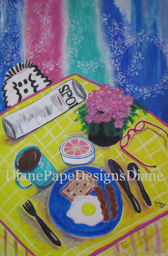 Makin' His Move Blank Note Card  - Breakfast, Newspaper, Coffee, Bacon & Eggs, Cute Begging Dog, Peek A Boo, Hungry Begging Dog