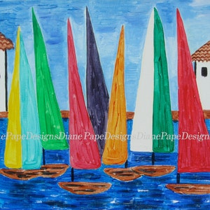 Regata Tarjeta de Notas en Blanco - Veleros Pequeños, Marineros, Carrera de Veleros, Venecia, Negrita, Colores Primarios, Canales de Veleros, Textura De Cuchillo De Paleta,