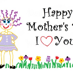 Glückliche Muttertag 5 x 7 Karte - leere Karte mit kleinen Mädchen oder junge Cartoon halten Blumen in einem Garten, ich liebe dich, glückliches Kind, Karte für Mama