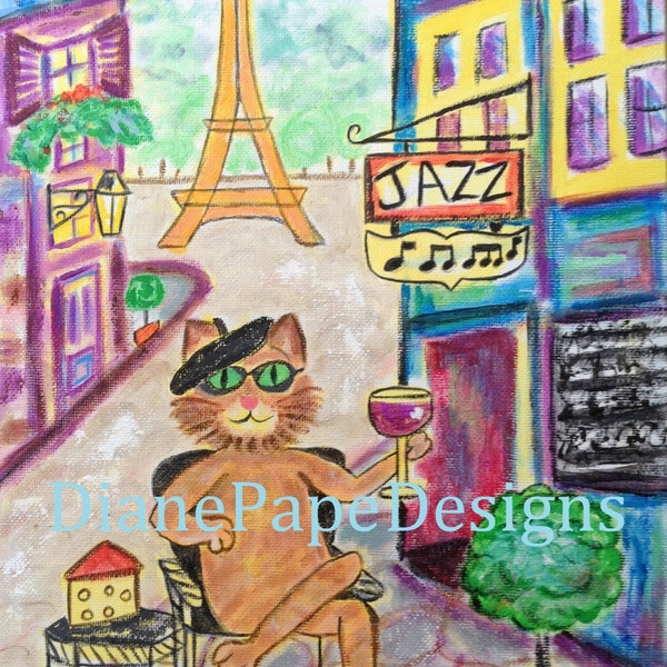 Feline Wine Blank Note Card, A2 Size -Sidewalk Cafe, Cat with Wine, Cool Cat in Paris, Eiffel Tower, Paris, Champs Elysees, Jazz Club
