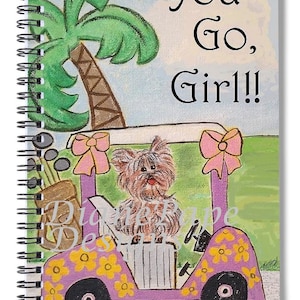 You Go Girl! Lined Journal w/Pocket-Ladies Golf, Yorkie in Golf Cart, Whimsical Art, Pastels, Palm Tree, Sports Dog, Congrats, Encouragement