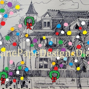 Impression Noël 5 x 7 de Key West - maison la plus au sud, Floride, Margaritaville, palmiers, tropical, lumières de Noël, têtes de perroquet, maison victorienne
