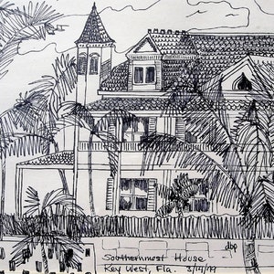 Maison la plus australe - Key West, Floride, impression 5 x 7 pouces avec bordure de 2 po., Margaritaville, Jimmy Buffet, têtes de perroquet, plume et encre, Floride ancienne