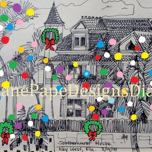 Impression de Noël 8 x 10 de Key West - maison la plus au sud, Floride, Margaritaville, palmiers, tropical, illuminations de Noël, maison victorienne, têtes de perroquet