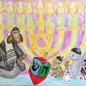 Sweet Shalom 12 cartes vierges avec 12 enveloppes en transparent, sacs pour violoncelle, Hanoucca, Dreidel, chien et chatons, étoile de David, juif, menorah