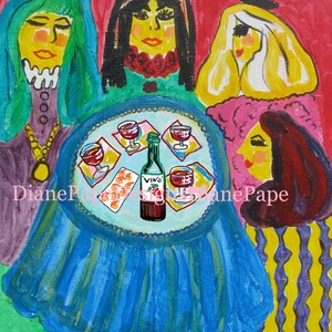 Girls Night Out Blank A2 Note Card- Happy Hour, Wine & Shrimp, Best Friends, BFF&#39;s, Gossip, Girlfriends, Folk Art, Vintage, Whimsy, Martinis