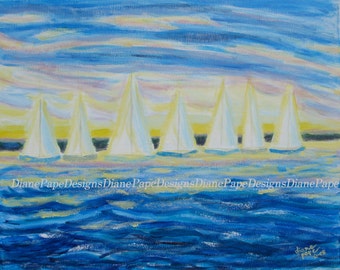 Nantucket Sunrise Blank Note Card - Sailboats, Nautical, Sailors, Ocean Art, Sailboat Small Art Print, Beautiful Ocean Sunrise, Peaceful
