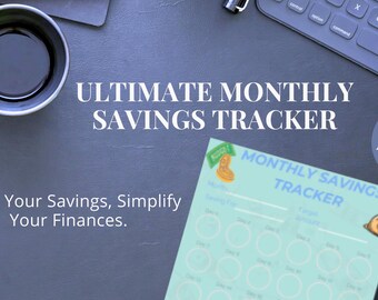 May include: A printable monthly savings tracker in A4 size. The tracker has a light blue background with circles for each day of the month. The text "Monthly Savings Tracker" is at the top of the page. The text "Track Your Savings, Simplify Your Finances." is below the tracker. The text "HTTPS://THEMONEYNEST.ETSY.COM" is at the bottom of the page.
