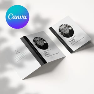 Modèle de programme nécrologique à deux volets Modèle canva 5 x 7 plié Programme de funérailles commémoratives Modifiable en téléchargement numérique minimaliste