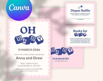 Editable Oh Baby Shower Birthday Invitation Bundle Canva Template Wavy Colorful Design Diaper Raffle Books for Baby Digital Download
