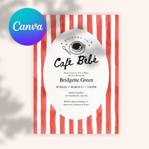 Editable Baby Shower Invitation Template Café Bébé Stripe Theme Coffee Baby Cherry Customizable Printable Digital Download 5x7 Fun Modern