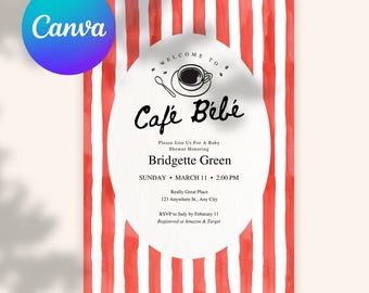 Editable Baby Shower Invitation Template Café Bébé Stripe Theme Coffee Baby Cherry Customizable Printable Digital Download 5x7 Fun Modern