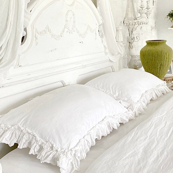Ruffled Pillow Shams | Ruffled Shams | Matelasse Pillow Cases | Farmhouse Linens | Pillow Cover | Linen Bedding | Shabby Chic Bedding