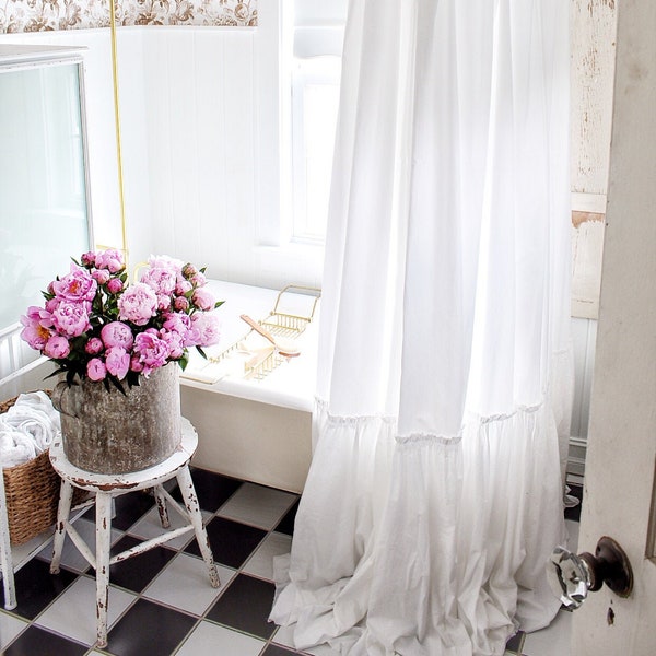 Extra Long Shower Curtains - Shabby Chic Ruffled - White Shower Curtain - Cotton Shower Curtains - Farmhouse Bathroom