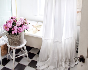 Extra Long Shower Curtains - Shabby Chic Ruffled - White Shower Curtain - Cotton Shower Curtains - Farmhouse Bathroom