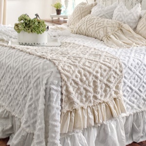 Ruffled Chenille Bed Scarf Chenille Ruffled Bed Linens Ruffled Bed Cover Bed Runner Bed RunnerChenille Bedding Shabby Chic Bedding image 3